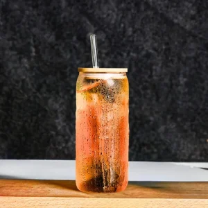 Glass with a Lid Made of Wood and Reusable Straw